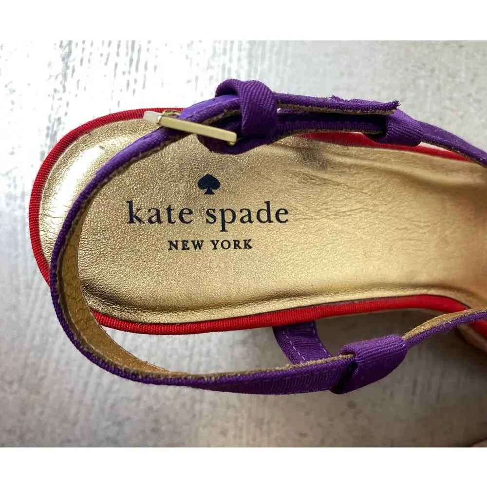 KATE SPADE SANDALS 10 PENNY PLATFORM CHUNKY CORK WEDGE HEELS STRAPPY RED PURPLE